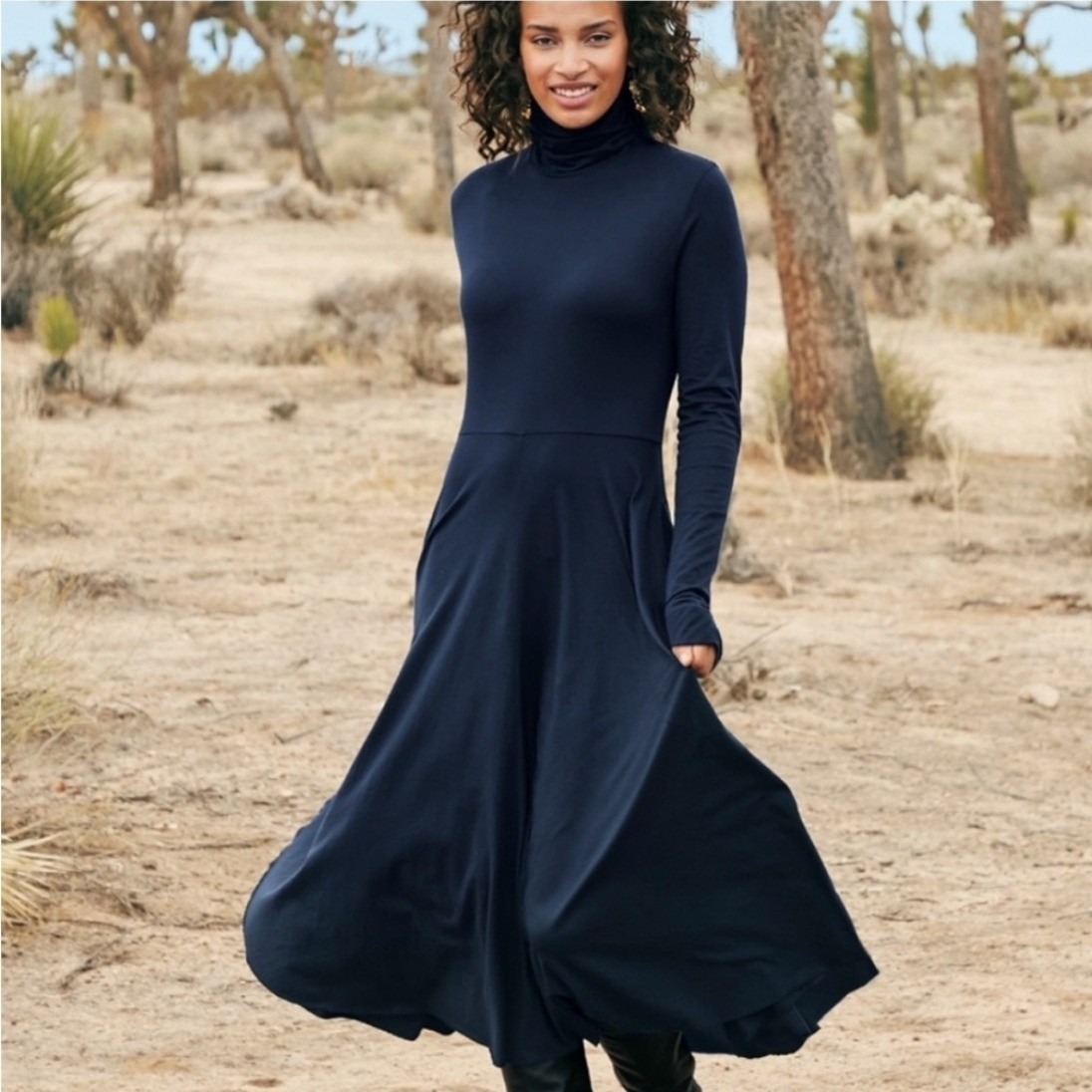 Peruvian Connection Ariana Navy Blue Stretch Jersey Turtleneck Midi Dress Large